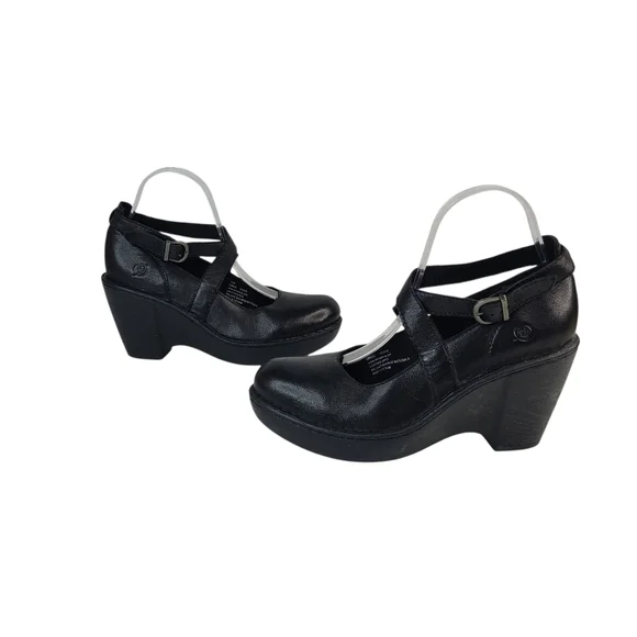 Born Black Leather Mary Jane Cross Strap Wedges Women's Size 7.5 - Picture 4 of 14